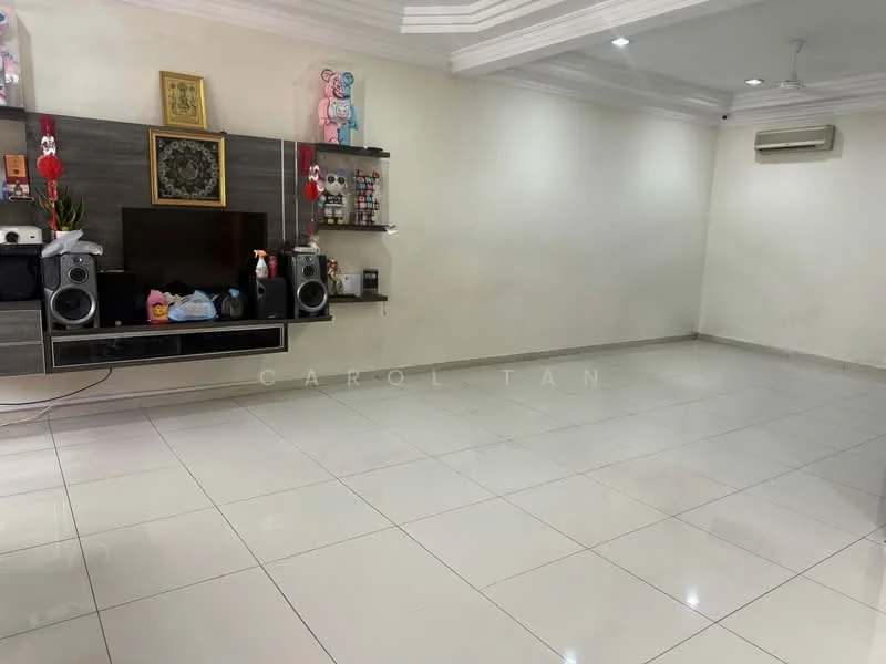 Living features: white painted walls, polished ceramic tile flooring, tray ceiling, recessed downlights, wall-mounted TV, entertainment unit, built-in shelving, air conditioning unit; style: modern.
