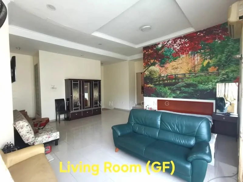 Living features: green leather sofa, 2-seater fabric sofa, coffee table, wall-mounted TV, decorative mural with nature scene, white painted walls, glossy tile flooring, recessed ceiling lights, large window with curtains, built-in cabinet, air conditioning unit; style: contemporary.