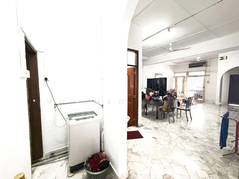 Room features: white painted walls, marble flooring, washing machine, door leading to another room, ceiling lights, open layout, dining table with chairs, window with natural light.