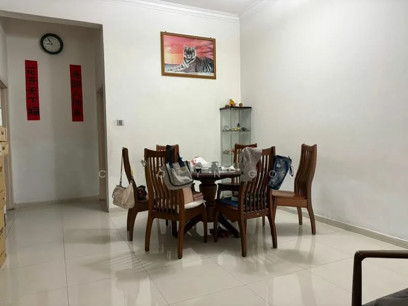 Dining features: round dining table, 6 wooden dining chairs, white walls, glossy tile flooring, wall-mounted clock, framed artwork with tiger, glass display cabinet, decorative items on cabinet, red wall decorations, natural light from doorway; style: modern.