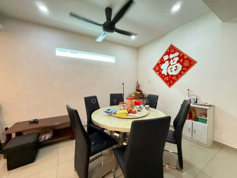 Dining features: round dining table, 4 black upholstered dining chairs, ceiling fan, white painted walls, tile flooring, decorative wall art, small side cabinet, decorative items on table; style: modern.