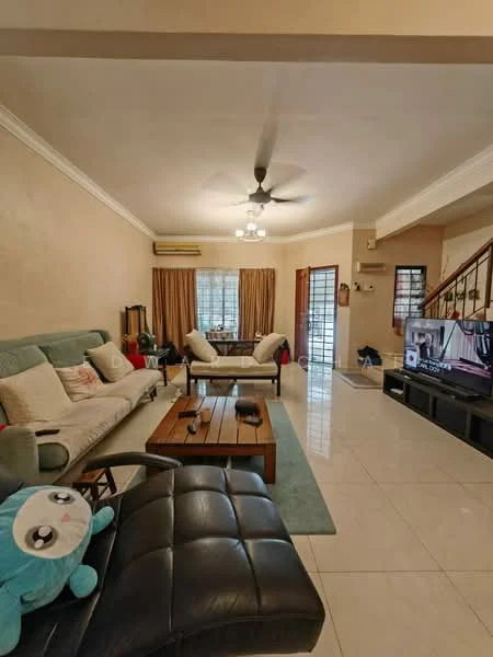 Living features: 3-seater fabric sofa in light green, 2-seater fabric sofa in cream, wooden coffee table, black leather ottoman, wall-mounted TV, TV console, area rug, ceiling fan with light, recessed downlights, large windows with sheer curtains, cream painted walls, white tiled flooring, air conditioning unit; style: modern.
