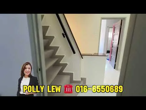 Room features: staircase with black railing, white walls, white tiled flooring, doorway leading to another room, natural light from adjacent room; style: modern.