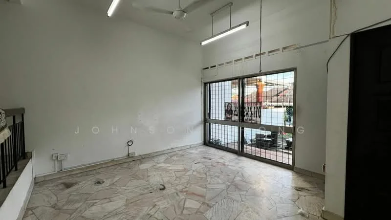 Room features: white painted walls, marble flooring, ceiling fan, large windows with security bars, exposed electrical wiring, light fixtures on ceiling, open layout, floor-to-ceiling windows; style: minimalist.