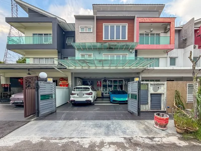 Exterior type: linked terrace house; features: two-storey building, glass awning over entrance, two car porch spaces, white painted facade, red accent panel, grey exterior walls, large windows, visible air conditioning units, manicured landscaping, paved driveway, security gate, outdoor lighting; style: modern.