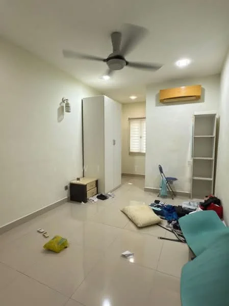Room features: cream painted walls, glossy tile flooring, ceiling fan, wall-mounted air conditioning unit, built-in wardrobe, small bedside table, window with blinds, scattered clothing and items on the floor, single chair, pillow on the floor; style: modern.