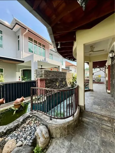 Exterior type: linked terrace house; features: water feature with stone wall, landscaped garden with pebbles, outdoor walkway with stone tiles, covered porch area, wooden roof overhang, potted plants, fountain, decorative clay pots; style: modern.