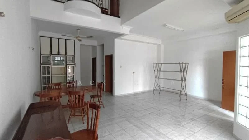 Living features: white painted walls, ceramic tile flooring, ceiling fan, large windows with natural light, dining table with four wooden chairs, wooden sideboard, open layout, light-colored ceiling, door leading outside.