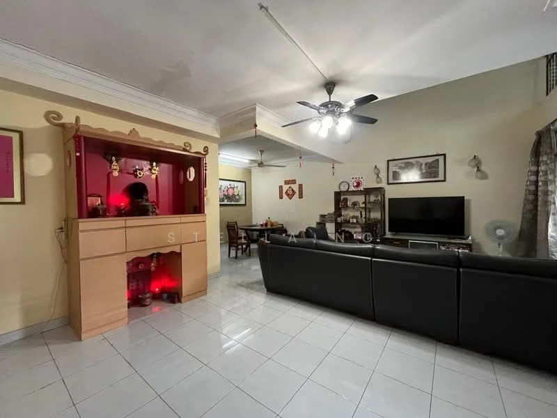 Living features: black leather sofa, 3-blade ceiling fan, white tiled flooring, wall-mounted TV, TV console, decorative wooden cabinet, framed artwork on walls, curtains on windows, recessed lighting, decorative items on shelves; style: contemporary.