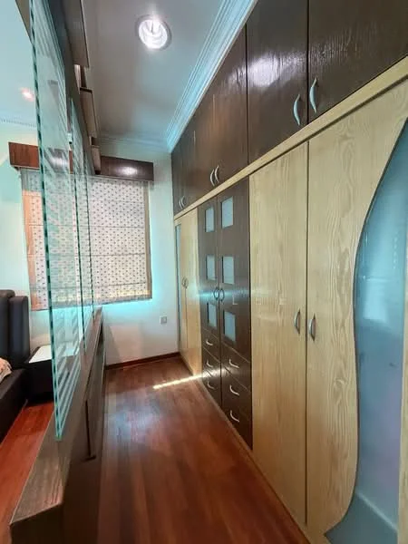 Room features: built-in wardrobe with wooden cabinetry, light wood finish, dark wood accents, multiple drawers, glass panel inserts, laminate surface, wooden flooring, recessed ceiling lights, window with sheer curtains; style: modern.