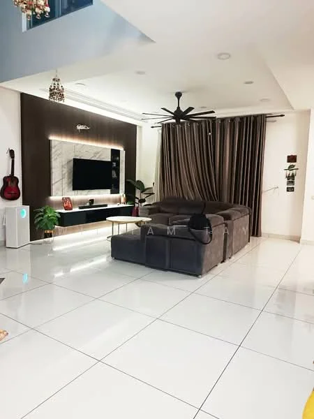 Living features: large grey sectional sofa, white glossy tile flooring, wall-mounted TV, decorative wall panel with marble finish, 5-blade ceiling fan with light, recessed downlights, curtains in dark grey, indoor plants, guitar on wall, decorative pendant light; style: modern.