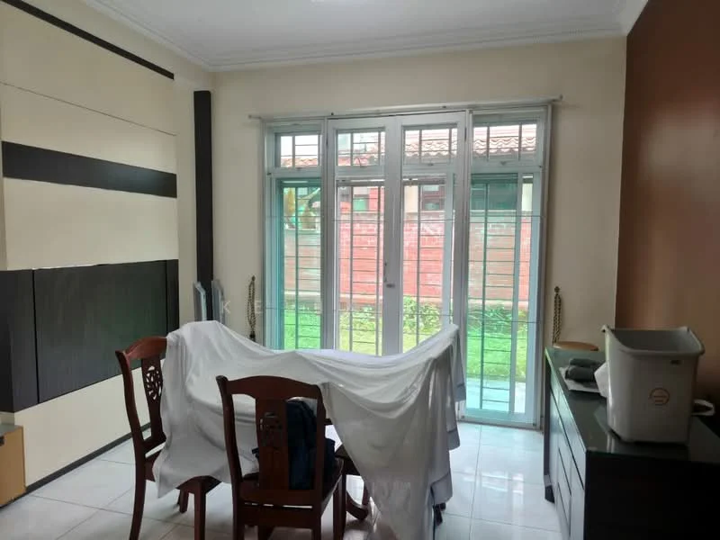 Room features: white painted walls, cream accent wall, tiled flooring, large glass windows, sliding glass doors, wooden dining table, wooden chairs, green garden view, curtains, decorative wall panels; style: modern; view: garden.