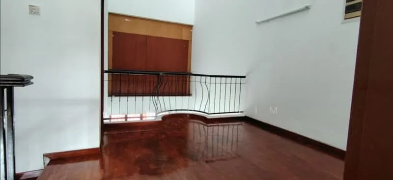 Room features: wooden flooring, white painted walls, black metal railing, high ceiling, natural light from windows, built-in wooden cabinetry, open space layout; style: modern.