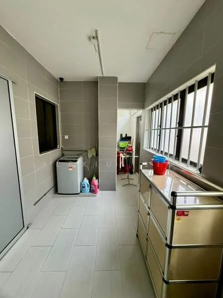 Laundry features: grey tiled walls, light grey tiled flooring, window with multiple panes, washing machine, stainless-steel laundry sink, metal storage cabinet, cleaning supplies in bottles, clothes drying rack; style: modern.