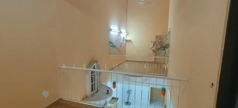 Room features: light peach painted walls, wooden flooring, balcony railing, ceiling fan, decorative wall art, high ceiling, recessed lighting.