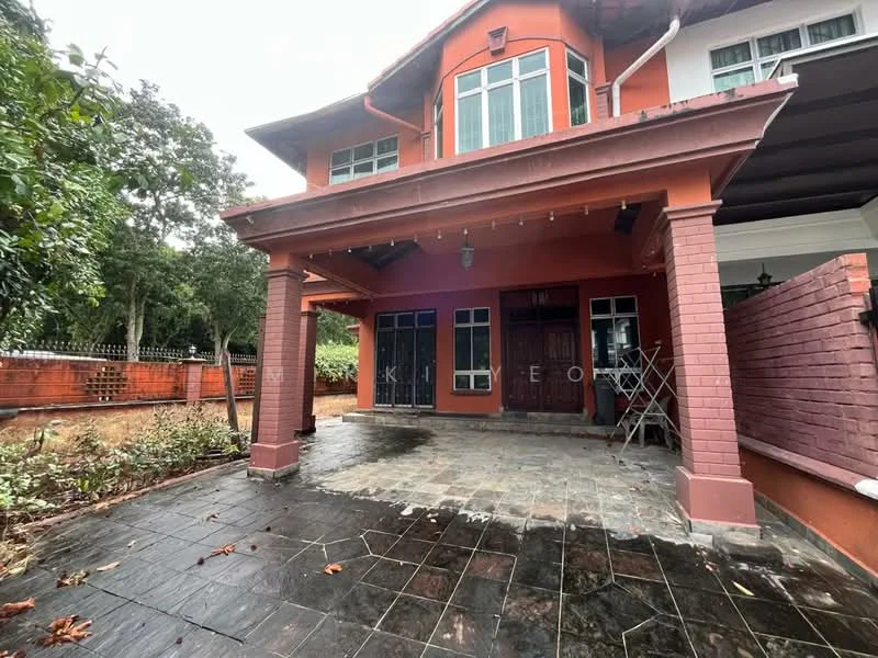 Exterior type: semi-detached house; features: orange painted facade, stone-paved walkway, covered porch, gabled roof, front garden area, brick wall fencing, outdoor lighting, slate tile flooring, mature trees in vicinity; style: modern.