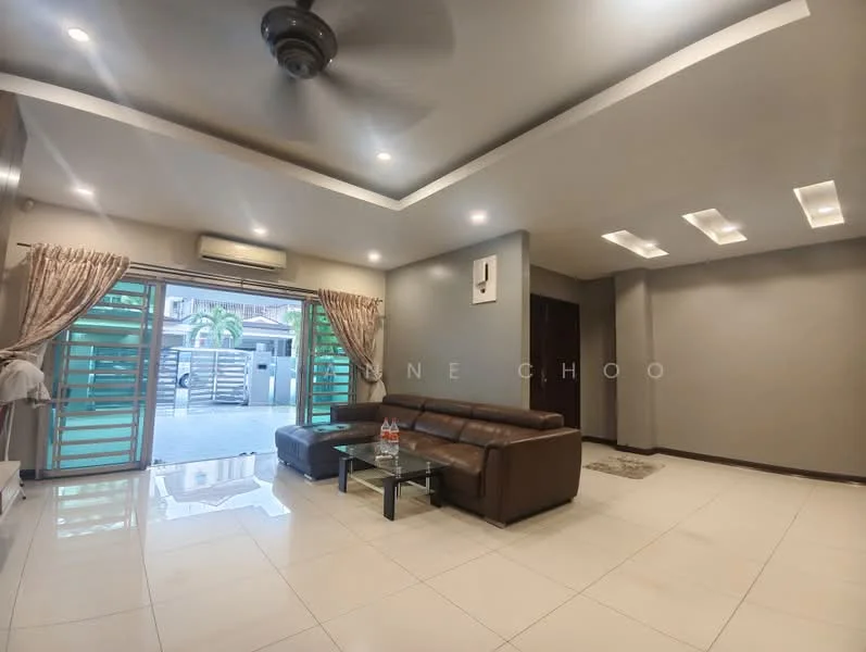 Living features: 3-seater leather sofa in brown, coffee table, floor-to-ceiling windows, sliding glass door, curtains, recessed LED downlights, ceiling fan, white tiled flooring, grey painted walls; style: modern; view: garden.