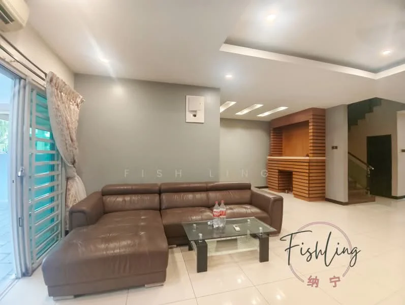 Living features: L-shape sectional leather sofa in brown, glass coffee table, white tiled flooring, grey painted walls, recessed downlights, wall-mounted air conditioning unit, curtains with floral pattern, wood feature wall, open staircase, sliding glass door; style: modern.