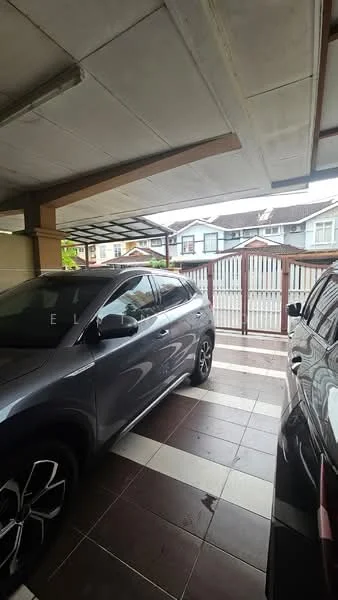 Exterior type: car porch; features: covered car porch, interlocking paver driveway, white wooden gate, two parked cars, surrounding residential houses, roof overhang; style: modern.