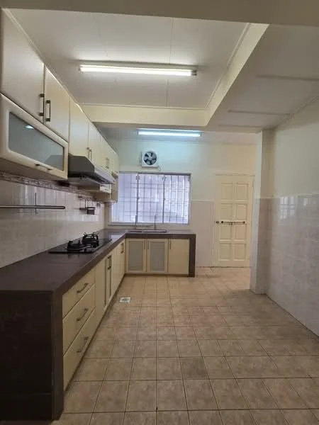 Kitchen features: light-colored cabinetry, laminate countertop, stainless-steel sink, built-in gas stove, exhaust hood, wall-mounted fan, white tiled backsplash, cream tiled flooring, window with grid pattern, double-door storage cabinet, overhead cabinets, under-cabinet lighting; style: modern.