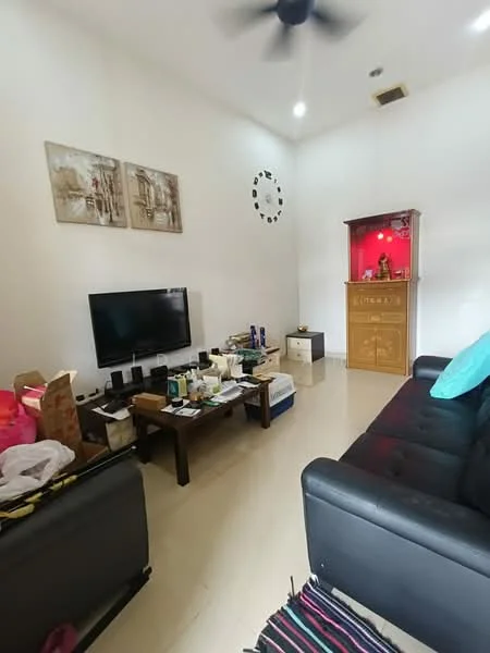 Living features: black leather sofa, wood coffee table, wall-mounted TV, decorative wall clock, artwork on walls, ceiling fan, light-colored walls, tile flooring, wooden cabinet, various decorative items on table; style: modern.