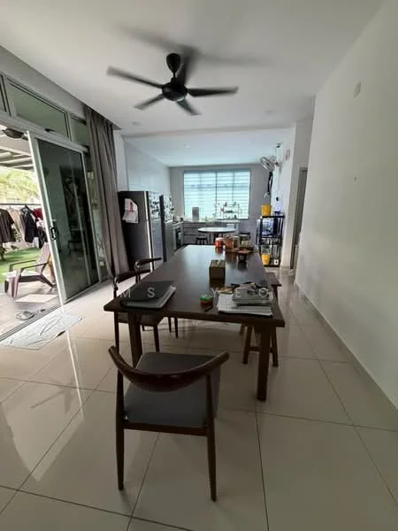 Dining features: dining table with wooden legs, 4 dining chairs with grey upholstery, ceiling fan with 3 blades, large sliding glass door, white painted walls, glossy tile flooring, window with horizontal blinds, refrigerator, kitchen counter visible in background, decorative items on table; style: modern; view: garden.