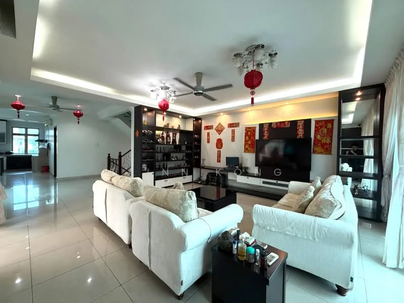 Living features: white fabric 3-seater sofa, white fabric 2-seater sofa, black coffee table, wall-mounted TV, black entertainment unit, decorative shelves, recessed ceiling lights, ceiling fan with light, tile flooring, light-colored walls, curtains, Chinese decorative elements; style: contemporary. Kitchen features: open layout, visible kitchen area, black cabinetry, stainless-steel appliances.