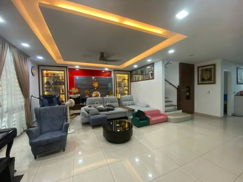 Living features: grey sectional sofa, pink lounge chair, green lounge chair, black coffee table, white tiled flooring, recessed ceiling with LED lighting, ceiling fan, decorative wall with display shelves, curtains, staircase, wall-mounted artwork; style: modern.