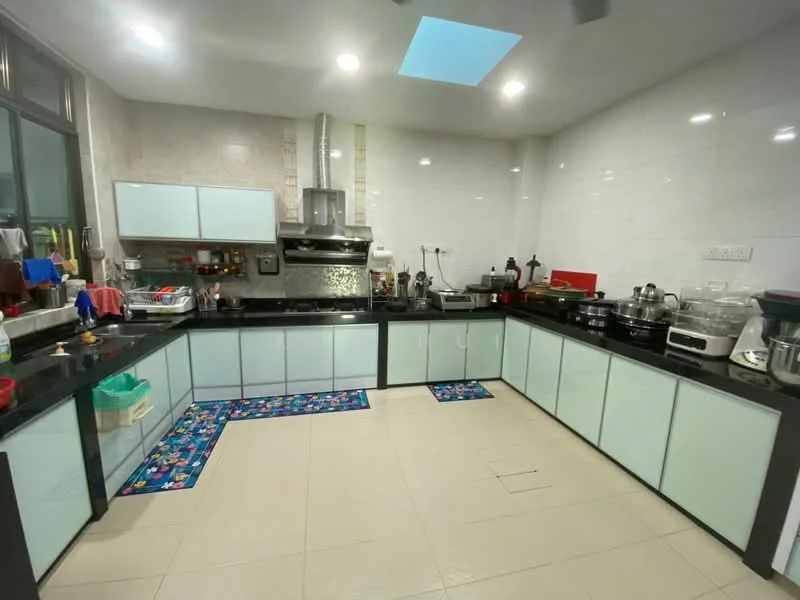 Kitchen features: black granite countertop, white cabinetry with glass fronts, stainless-steel range hood, built-in oven, freestanding range oven, double-bowl stainless-steel sink, chrome pull-down faucet, tile backsplash, ceramic tile flooring, recessed downlights, skylight, kitchen appliances, open shelving, decorative kitchen mats; style: modern.