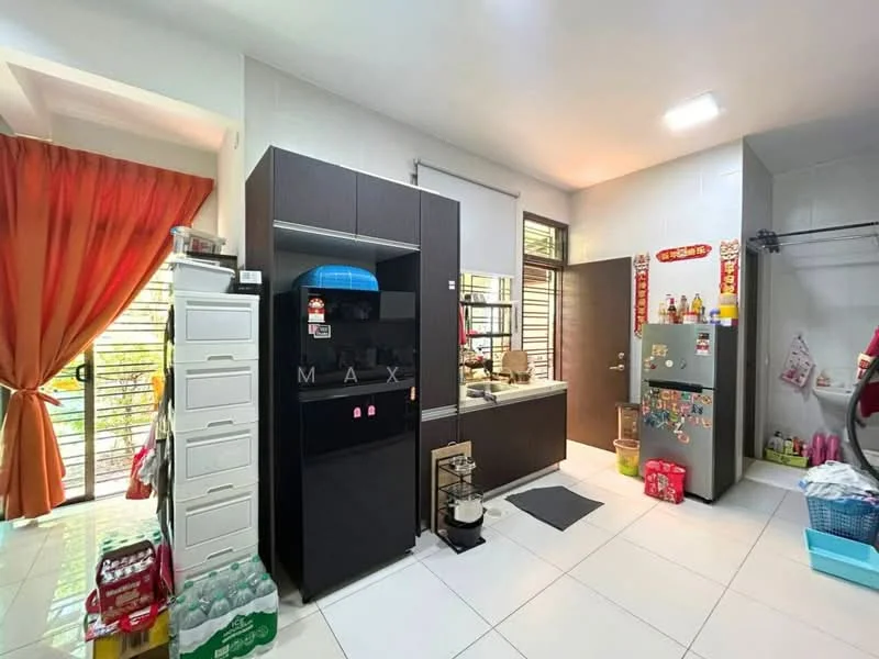 Kitchen features: white tiled walls, glossy white floor tiles, dark wood cabinetry, black fridge, stainless-steel gas stove, kitchen countertop, sink, window with grill, red curtains, open shelving, storage cabinets, decorative items on countertop, kettle, rice cooker; style: modern; view: garden.