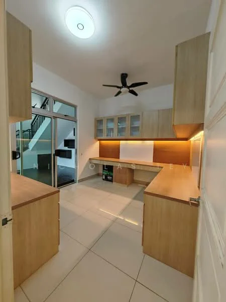 Kitchen features: light wood cabinetry, white countertop, built-in shelves with glass doors, recessed LED lighting, ceiling fan, tile flooring, open layout, kitchen island, under-cabinet lighting; style: modern.