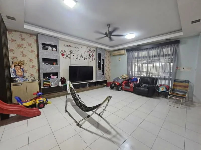Living features: white painted walls, floral wallpaper accent wall, tile flooring, ceiling fan, recessed lighting, wall-mounted TV, entertainment unit with storage, large windows with sheer curtains, black leather sofa, colorful children's ride-on toys, foldable chairs, hammock chair; style: modern.
