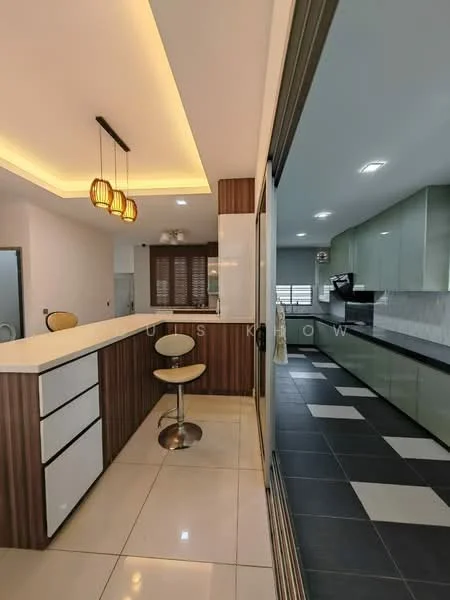 Kitchen features: island bar with seating, pendant lighting, white cabinetry, wooden cabinetry, black countertop, stainless-steel appliances, ceramic tile flooring, recessed lighting, open layout, window with natural light, backsplash with tile cladding; style: modern.