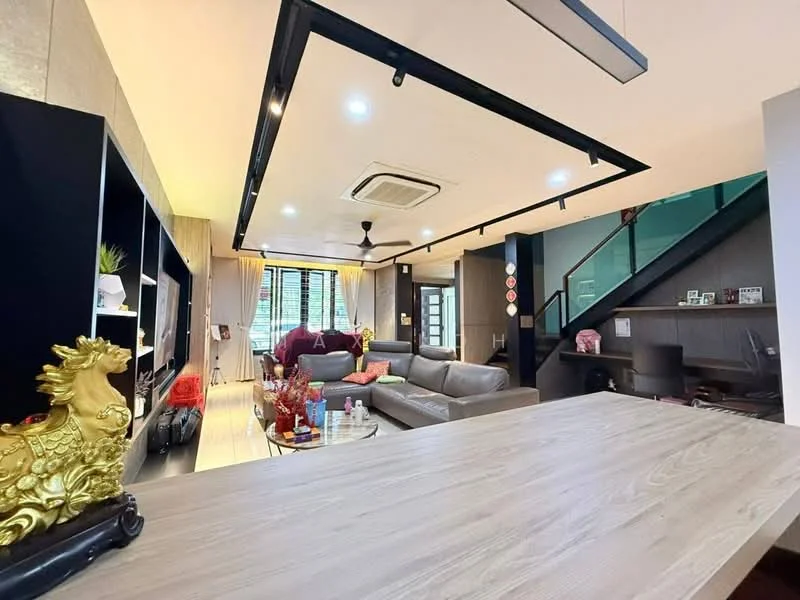 Living features: L-shape sectional sofa in grey, coffee table, TV console, wall-mounted TV, recessed downlights, 5-blade ceiling fan, wooden flooring, decorative wall art, large windows with sheer curtains, open layout to dining area, decorative items on shelves, study desk in background; style: modern; view: garden. Room features: wooden staircase, wall-mounted shelving, decorative items.