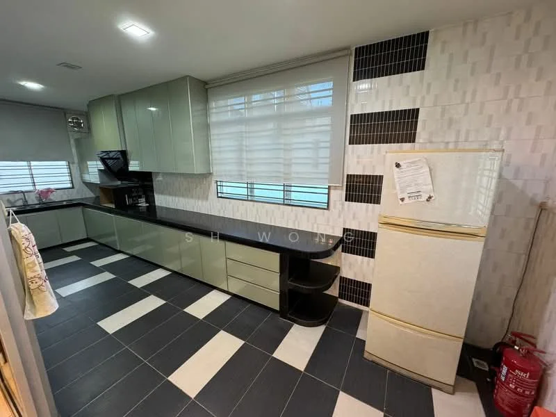 Kitchen features: L-shaped kitchen layout, light grey cabinetry, black countertop, white backsplash with textured pattern, black and white tiled flooring, stainless-steel sink, fridge with cream finish, built-in microwave, window with sheer curtains, recessed lighting; style: modern.