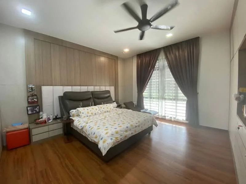 Bedroom features: king-size bed with patterned bedding, upholstered headboard, wooden flooring, floor-to-ceiling windows, sheer curtains, dark curtains, 5-blade ceiling fan, built-in wardrobe with sliding doors, decorative wall paneling, nightstand with drawer, framed artwork on wall; style: modern; view: garden.