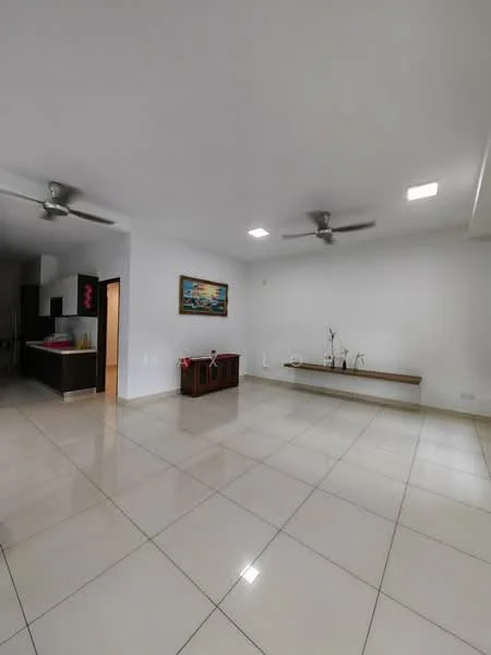 Living features: white painted walls, glossy ceramic tile flooring, 2 ceiling fans, recessed LED downlights, wooden shelf, decorative wall art, open layout, neutral color scheme; style: modern.