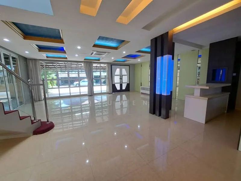 Living features: glossy marble tile flooring, white painted walls, blue accent ceiling with recessed lighting, tray ceiling, floor-to-ceiling windows, sheer curtains, air conditioning unit, staircase with carpeted steps, built-in console with LED lighting, open layout, decorative wall paneling; style: modern.