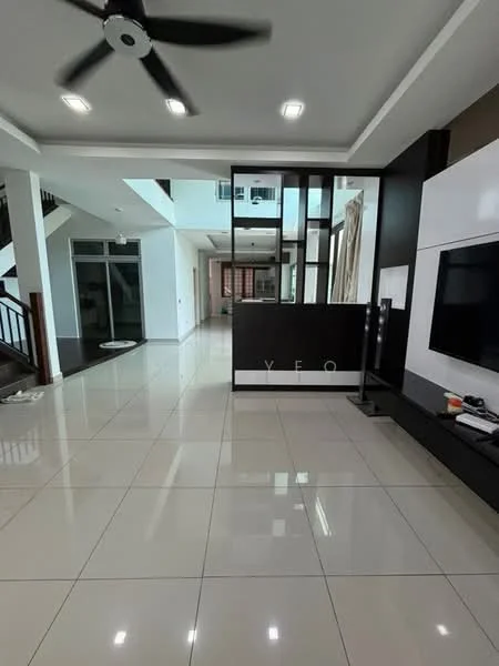 Living features: white painted walls, glossy ceramic tile flooring, 5-blade ceiling fan with light, wall-mounted TV, black entertainment unit, large glass windows, open-plan layout, decorative wall paneling, recessed downlights; style: modern. Room features: white painted walls, glossy ceramic tile flooring, large glass windows.