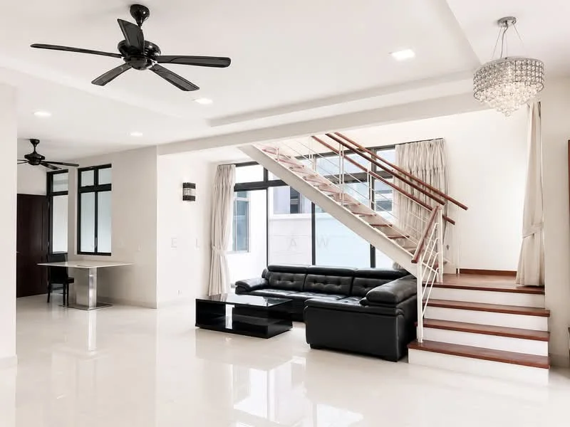 Living features: 5-blade ceiling fan, chandelier, black leather sofa, coffee table, white walls, marble flooring, large windows, curtains, staircase with wooden railing, open layout, recessed lighting; style: modern. Room features: 5-blade ceiling fan, bar counter, white walls, large windows, marble flooring.