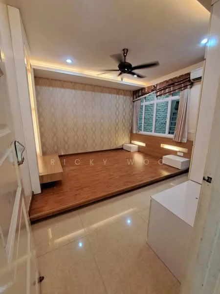 Room features: wooden flooring, cream painted walls, feature wall with geometric pattern, recessed downlights, 5-blade ceiling fan, large windows with sheer curtains, built-in wall shelves, two wall-mounted lights, air conditioning unit; style: modern.
