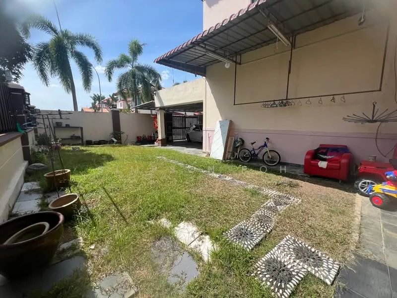 Exterior type: detached bungalow; features: manicured lawn, paved walkway, outdoor seating area, fenced yard, bicycle, children's toy car, potted plants, covered patio, exterior wall with decorative trim; style: modern.