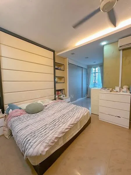 Bedroom features: king-size bed with striped bedding, upholstered headboard, built-in shelves, white dresser, floor-to-ceiling windows with sheer curtains, light-colored walls, tile flooring, ceiling fan, decorative items on dresser; style: modern.