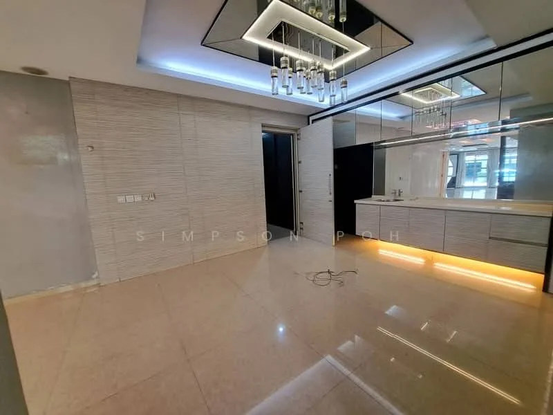 Room features: glossy beige tile flooring, grey textured wall panels, mirrored wall with cabinetry, recessed ceiling with LED lighting, chandelier light fixture, built-in cabinetry with under-cabinet lighting, large windows for natural light, neutral color palette; style: modern.