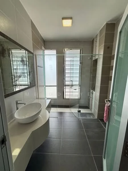 Bathroom features: large walk-in shower with glass enclosure, rain shower head, handheld shower, modern wall-mounted sink, white ceramic sink, chrome basin mixer faucet, large mirror with frame, grey tiled walls, black floor tiles, window with horizontal slats, natural light from window, towel rack, built-in shelving, recessed ceiling lights; style: modern.