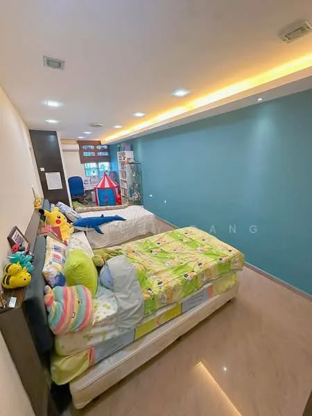 Bedroom features: king-size bed with colorful bedding, single bed with white bedding, upholstered headboard, wooden flooring, blue accent wall, recessed downlights, LED strip lighting, large window with sheer curtains, toy storage unit, play tent, decorative plush toys; style: modern.