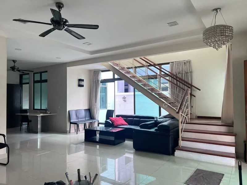 Living features: 3-seater fabric sofa in black, 2-seater leather sofa, coffee table, ceiling fan with light, chandelier, large windows with sheer curtains, white painted walls, marble tile flooring, staircase with wooden railing, area rug, decorative cushions, wall-mounted TV, open layout, natural light; style: modern. Dining features: 4-seater dining table, black dining chairs, white walls, marble tile flooring, large windows, open layout; style: modern.