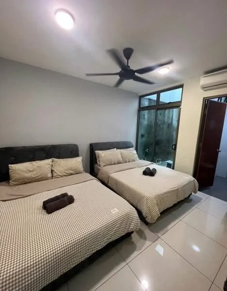Bedroom features: 2 beds with upholstered headboards, queen-size bed, single bed, grey checkered bedding, white walls, recessed ceiling lights, 5-blade ceiling fan, floor-to-ceiling windows, sliding glass door, air conditioning unit, tile flooring, decorative towels; style: modern.
