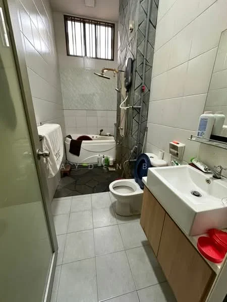 Bathroom features: white tiled walls, grey accent wall, ceramic tile flooring, walk-in shower with glass enclosure, rain shower head, freestanding bathtub, single-sink vanity with wood cabinet, chrome basin mixer, toilet, mirror above sink, towel rack, window for natural light; style: modern.