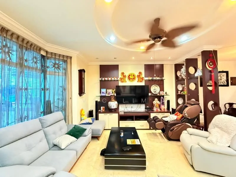 Living features: light-colored fabric sectional sofa, 2-seater fabric sofa, black coffee table, ceiling fan with light, recessed downlights, built-in TV console with shelves, decorative wall art, large windows with sheer curtains, cream-colored walls, marble flooring, decorative items on shelves; style: modern.